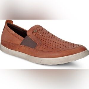 Ecco Collin Men’s 9 Brown Amber Leather Loafers Slip On Shoes Perforated